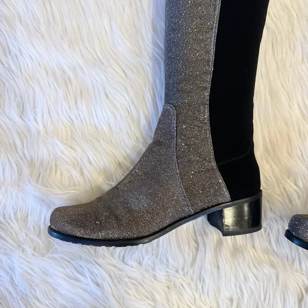 Stuart Weitzman 5050 Reserve Over the Knee High Boot Heeled Pyrite Glitter Black